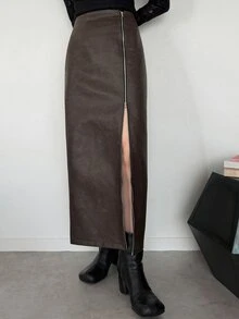 FRIFUL Women's Solid Color Slit Design Casual Daily Wear Skirt - Black - View 1