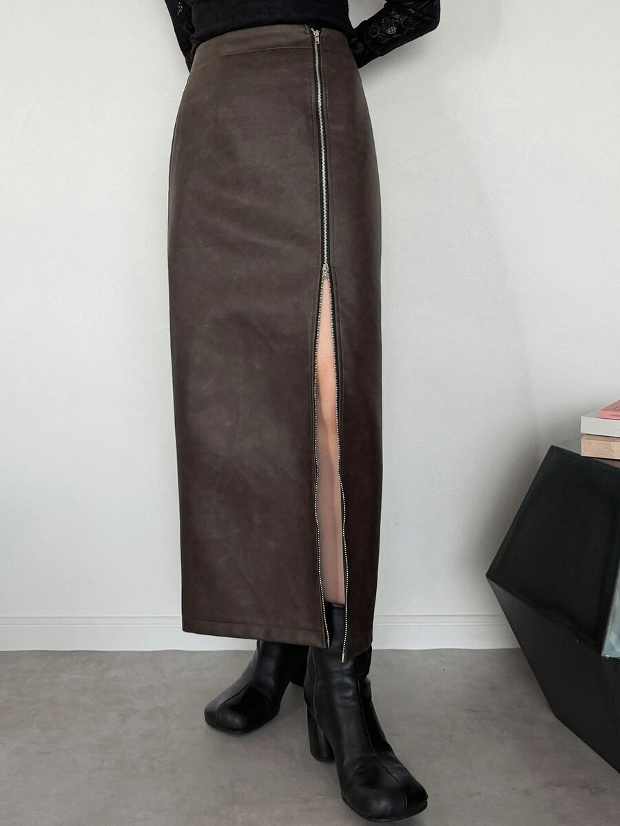 FRIFUL Women's Solid Color Slit Design Casual Daily Wear Skirt - Black - View 1