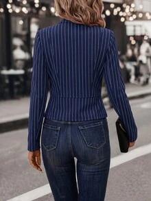 SHEIN Clasi 女款條紋前拉鍊休閒拿破崙夾克 - 咖啡棕 - 查看 2