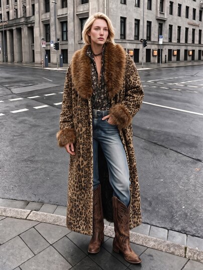 Struktiv Women's Leopard Print Long Coat Brown Faux Fur Collar Single Breasted Jacket Autumn Winter Vintage Luxury Trench Coat