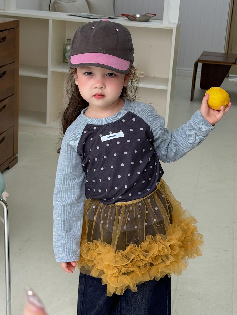 DAZY Atasan Bayi/Balita (Perempuan) Leher Bulat Warna Kontras Gaya Korea Motif Polkadot Seluruh Permukaan - MultiWarna - View 1