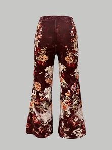 Ceyna Plus Size Women's Floral Velvet Print Elegant Flare Pants - Multicolor - View 6