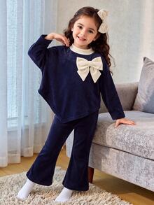 SHEIN Baby Girl Autumn Casual Cute Colorblock Stand Collar Bow Decor Asymmetrical Hem T-Shirt And Flare Pants Set - Navy Blue - View 8