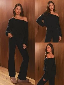 GLOWMODE Soft Girl Collection Slow Mornings Oversized Off-Shoulder Knit Sweater Daily Casual Fall Winter Wear - Black - View 9