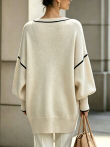 INAWLY Women's Knit Sweater, Slouchy, Color Block Deep V-Neck, Lantern Sleeve, Dropped Shoulder - Apricot - View 2
