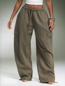 Denimoi Relaxed Fit Cargo Pants Fashion Pants Drawstring Waist Fashionable Streetwear Fall Cool Girl - Olive Green - View 1