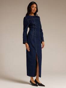 COSMINA Denim Women's Casual Elegant Chinese Style Frog Button Denim Dress - Blue - View 6