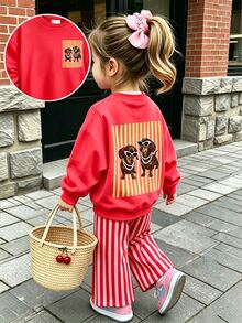 SHEIN Playful Pals 女嬰 2 件套秋季套裝 卡通狗狗印花圓領衛衣與條紋長褲 可愛休閒嬰兒裝 - 彩色 - 查看 3