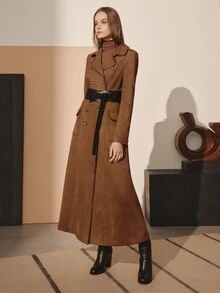 MOTF PREMIUM SUEDE VELVET CONTRAST BLACK PU SPROUT WAIST-CINCHING FLARED DOUBLE-BREASTED MID-LENGTH COAT FOR AUTUMN/WINTER - Brown - View 7