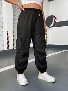 POPSWAY Plus Size Casual Solid Color Elastic Waist & Drawstring Cuffed Cargo Pants Fall Cloth For Women - Black - View 3