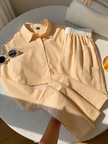 Comfortcana Women's Striped Long Sleeve Top And Pants Casual Daily Set - Yellow - View 3