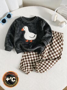 SHEIN Baby Boy Cartoon Animal Pattern Knitted Soft Crew Neck Long Sleeve Pullover Sweatshirt And Elastic Waist Long Pants 2 Pieces Set - Multicolor - View 1