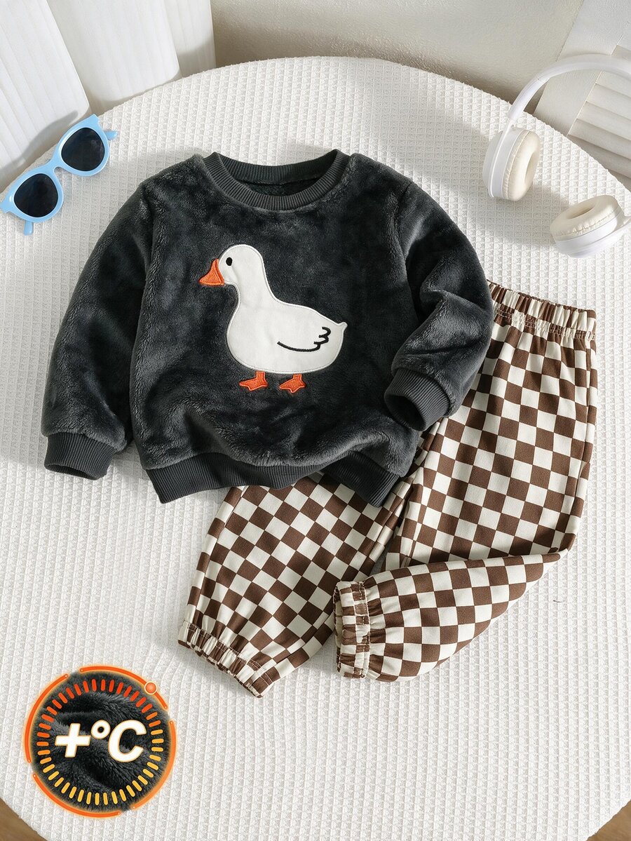 SHEIN Baby Boy Cartoon Animal Pattern Knitted Soft Crew Neck Long Sleeve Pullover Sweatshirt And Elastic Waist Long Pants 2 Pieces Set - Multicolor - View 1
