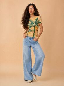 CAJUNI Chic Tropical Vacation Banana Tree Mesh Top - Multicolor - View 4