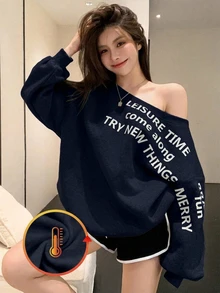 DAZY 女款休閒街頭風甜美保暖內裡海軍藍字母印花不對稱領運動衫，秋冬連帽衫 - 藏蓝色 - 查看 1