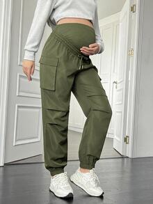SHEIN 孕婦純色可調腰圍休閒日常長褲 秋季 - 軍綠色 - 查看 5