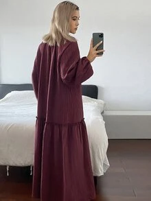 DAZY Gaun Lengan Panjang Berlipit Longgar Warna Polos, Gaun Panjang Wanita Elegan untuk Liburan Musim Semi/Gugur - Burgundy - View 3