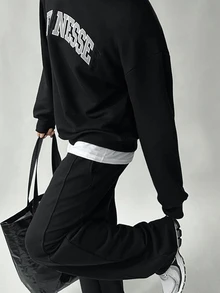 DAZY Autumn/Winter Black Fleece Sweatshirt With Patchwork Embroidery Korean Style Men's Pullover Sweatshirt Set - Black - View 2
