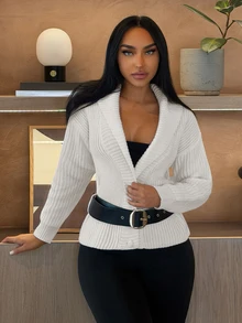 SHEIN SXY Women's Solid Color Shawl Collar Dropped Shoulder Long Sleeve Belted Knit Cardigan - White - View 1