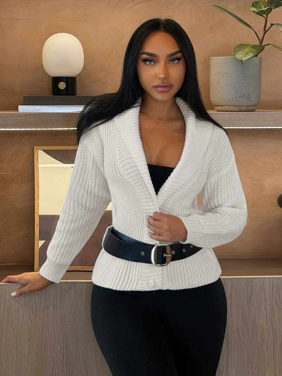 SHEIN SXY Women's Solid Color Shawl Collar Dropped Shoulder Long Sleeve Belted Knit Cardigan - White - View 1