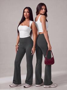 SHEIN Tall 女款素色修身百搭日常穿著喇叭褲 - 深灰色 - 查看 10