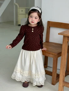 DAZY Atasan Kasual Lengan Panjang Berkerah Bulat Motif Bunga Kecil untuk Bayi Perempuan - Coffee Brown - View 6