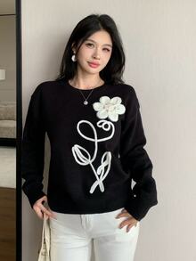 Modelyn Women's Applique Decor Round Neck Dropped Shoulder Long Sleeve Elegant Sweater - Black - View 6