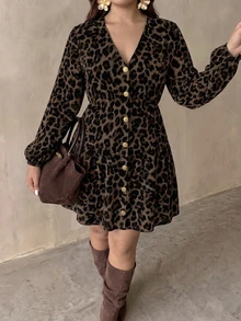 Auralis Gaun Kasual Retro Motif Leopard Leher V Lengan Panjang, Ukuran Besar, Cocok untuk Musim Semi/Gugur, Pesta, Kencan Musim Gugur - MultiWarna - View 5