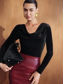 MOTF PREMIUM WOMEN'S SOLID COLOR COWL NECK CASUAL DAILY LONG SLEEVE SHIRT - Black - View 6