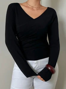 Dazy Plus Sexy Fitted Off-Shoulder Long Sleeve Black T-Shirt - Black - View 8