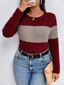 EMERY ROSE Plus Size Contrast Color Round Neck Ribbed Long Sleeve Casual T-Shirt Tees Women Tops For Spring Fall Cloth For Women - Multicolor - View 4
