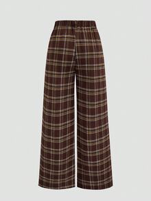 SHEIN Tall CURVE Plus Size Women Brown Plaid Wide Leg Long Pants - Brown - View 2