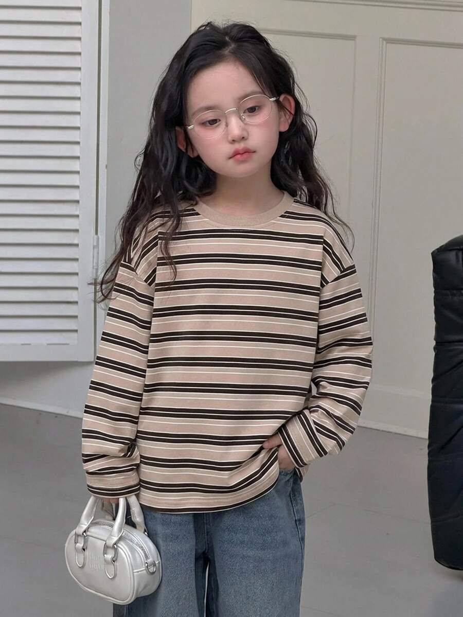 Dazy Kids Tween女孩條紋寬鬆休閒長袖基礎內搭T恤，秋季 - 卡其色 - 查看 1