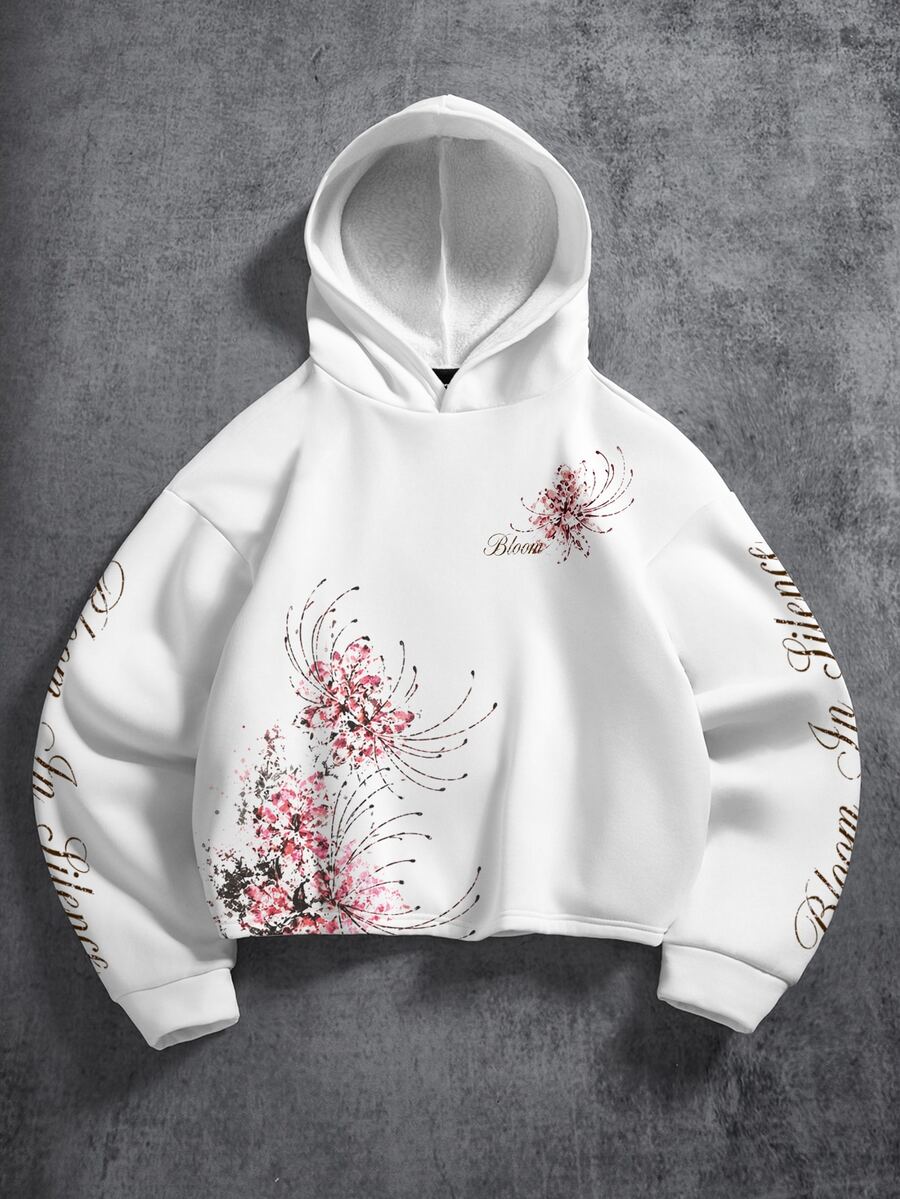 Manfinity ZONE917 Men's Streetwear Cropped Hoodie, Spider Lily Pattern, Suitable For Autumn/Winter - White - View 1
