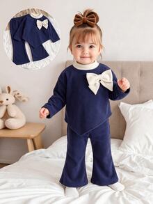 SHEIN Baby Girl Autumn Casual Cute Colorblock Stand Collar Bow Decor Asymmetrical Hem T-Shirt And Flare Pants Set - Navy Blue - View 1