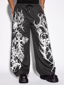 ROMWE Street Life Plus Size Women's Black Casual Streetwear Skull Cross Pattern Sweatpants - Black - View 7