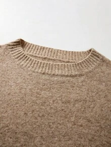 SHEIN 秋冬女款單肩針織鬆垮毛衣，寬袖寬鬆版型，柔軟舒適保暖針織衫 - 卡其色 - 查看 4