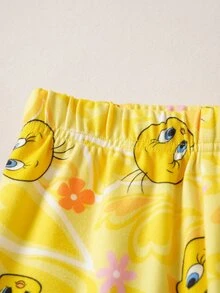 LOONEY TUNES X SHEIN ملابس منزلية للفتيات الصغيرات بطبعة حروف، ملابس علوية بأكمام قصيرة وبنطال LOONEY TUNES - أصفر - مشاهدة 6
