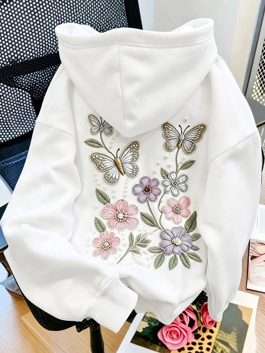 SHEIN Tween Girl Fall Clothes Casual Street Style Butterfly & Pearl Print Hooded Sweatshirt, Suitable For Streetwear, Autumn Fall 2pic - White - View 1