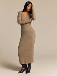 COSMINA Women's Solid Color Casual Daily Knit Dress - Grey - View 5