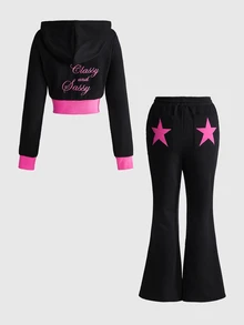 ROMWE Grunge Punk Women's 2pcs Set Star Patchwork Embroidered Letter Vintage Colorblock Black & Pink Hooded Jacket With Colorblock Flared Pants - Black - View 2