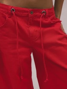 MUSERA 低腰抓皺可調節牛仔褲 春季 90年代 可愛 夏季 休閒 Y2K 甜美 Ibiza 電音派對 演唱會 音樂節 冬季 辦公通勤 時髦 秋季 - 紅色 - 查看 4