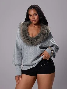 Rustia Casual Faux Cable Knit Batwing Sleeve Asymmetrical Shoulder V-Neck Sweatshirt Top - Grey - View 3