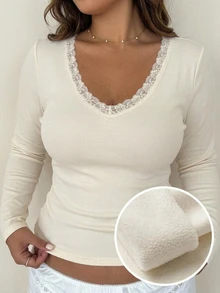 Dazy Plus Plus Size Women's Contrast Lace V-Neck Autumn/Winter New Thermal Lined Thickened Slim Fit Solid Color T-Shirt - Beige - View 1