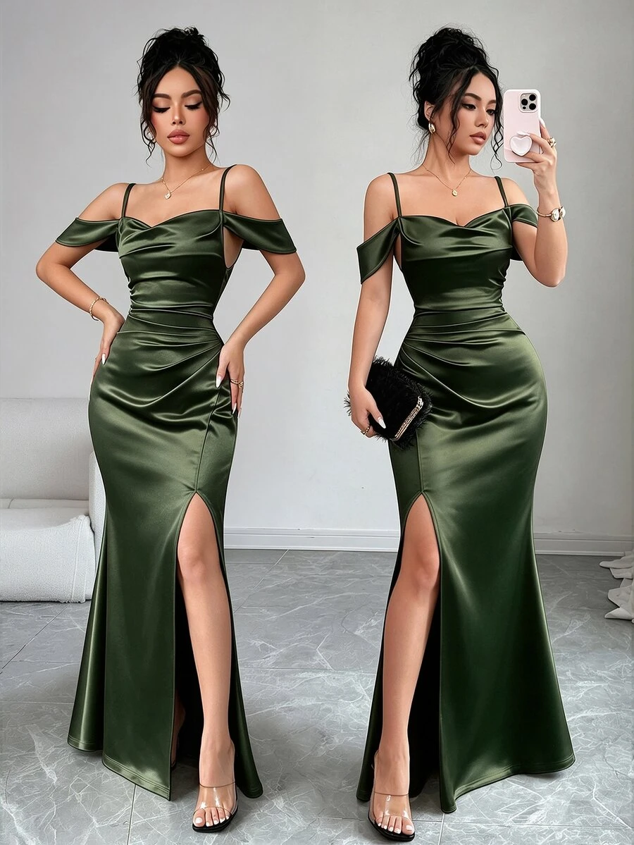 Elenzga Women's Summer Elegant Solid Color Off-Shoulder Spaghetti Strap High Slit Dress - Dark Green - View 1