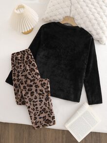 女童居家服豹紋動物刺繡長袖上衣與豹紋滿版毛絨長褲套裝休閒服 - 黑色 - 查看 2