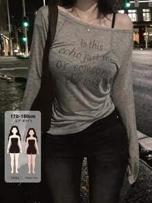 Dazy Tall Women's Asymmetric Shoulder Letter Decor Fitted Base Layer T-Shirt - Grey - View 1
