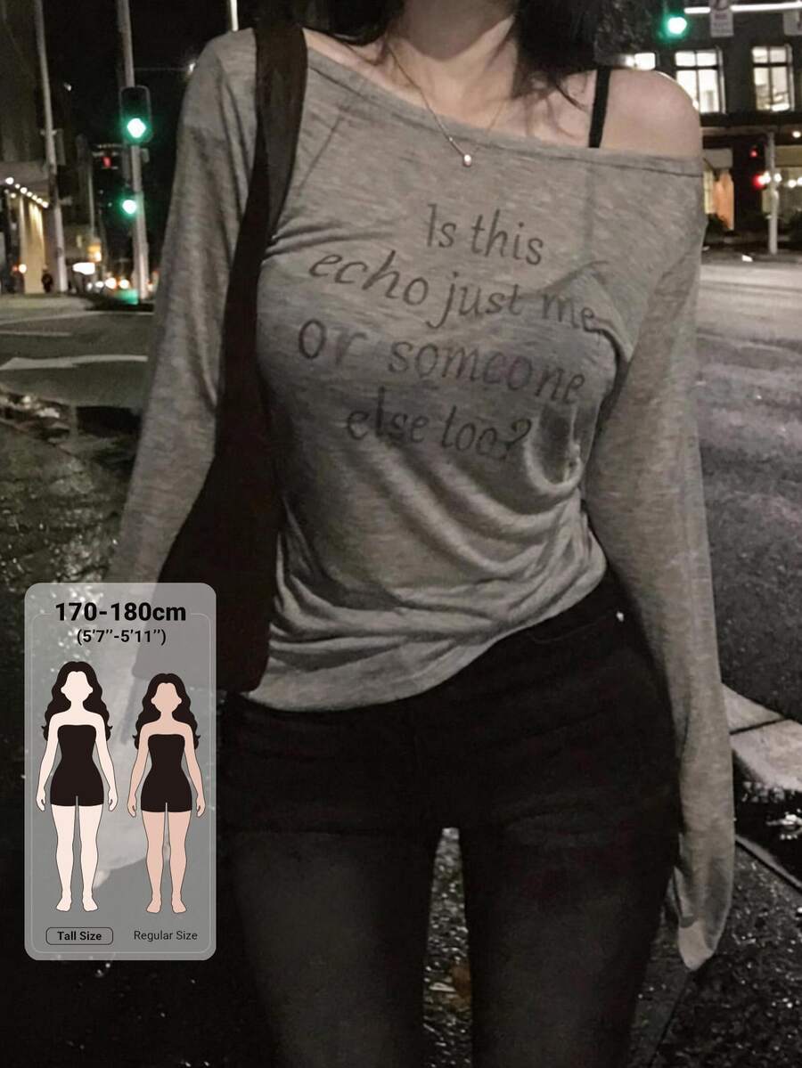 Dazy Tall Women's Asymmetric Shoulder Letter Decor Fitted Base Layer T-Shirt - Grey - View 1