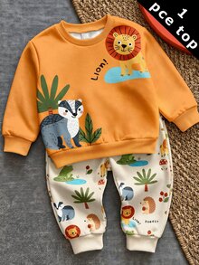 嬰幼兒圓領休閒套頭運動衫，經典可愛手繪卡通動物印花，獅子與浣熊卡通角色印花，適合秋冬穿著 - 彩色 - 查看 1