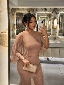 Firerie Plus Size Women's Solid Color Shiny Asymmetrical Shoulder Top And Mermaid Skirt Fashion 2 Pieces Set - Khaki - View 4